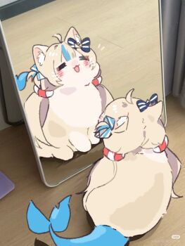 =_= animal animal_focus animalization cat closed_eyes commentary fins fish_tail hashtag-only_commentary highres indie_virtual_youtuber lifebuoy_hair_ornament low_twintails moka_(mokas21004) no_humans open_mouth photo-referenced photo_background sameko_saba smile tail twintails virtual_youtuber