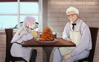 1boy 1girl :3 apron capelet chicken_(food) colonel_sanders earrings eating elf english_text facial_hair food frieren green_eyes grey_hair higemu highres holding holding_food indoors jacket jewelry kfc mustache neck_ribbon pointy_ears ribbon sitting smile sousou_no_frieren teardrop_earrings text_background white_hair white_jacket