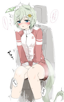 1girl ^^^ animal_ears between_legs blue_eyes blush breasts breath car_interior embarrassed female_focus green_hair hair_ornament hairclip half-closed_eyes hand_between_legs have_to_pee heavy_breathing highres horse_ears horse_girl horse_tail jacket jasz long_sleeves looking_down nose_blush open_mouth own_hands_together pee peeing peeing_self red_jacket red_shorts seat seiun_sky_(umamusume) short_hair short_shorts shorts sidelocks sitting small_breasts socks solo speech_bubble steam sweat tail talking tears track_jacket trembling umamusume v_arms white_socks zipper_pull_tab