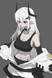 1girl arknights black_choker black_gloves black_horns black_shorts breasts center-flap_bangs choker cleavage closed_mouth coat collarbone colored_skin cowboy_shot diamond_hair_ornament dot_nose double-parted_bangs earclip elbow_gloves expressionless gloves grey_hair grey_skin hair_between_eyes horns large_breasts long_bangs long_hair long_sleeves looking_ahead mudrock_(arknights) navel no_shirt pointy_ears removing_coat shorts sketch solo standing stomach ushishi_(lavender_srain) verydogchi white_coat