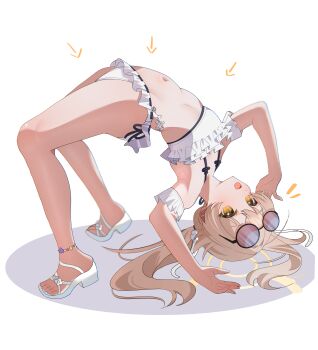 1girl absurdres anklet bikini blonde_hair blue_archive body_bridge breasts cleavage detached_sleeves eyewear_on_head frilled_bikini frilled_sleeves frills full_body halo hifumi_(blue_archive) hifumi_(swimsuit)_(blue_archive) highleg highleg_bikini highres jewelry long_hair looking_at_viewer low_twintails multi-strapped_bikini_bottom navel official_alternate_costume open_mouth round_eyewear sandals short_sleeves shusuchii side-tie_bikini_bottom simple_background solo stomach sunglasses swimsuit toes twintails white_background white_bikini white_sandals yellow_eyes yellow_halo