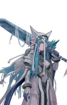 1girl arknights arknights:_endfield armor blue_hair breasts closed_mouth commentary cowboy_shot earrings gloves hand_up hat holding holding_sword holding_weapon jewelry last_rite_(arknights) long_hair looking_at_viewer medium_breasts miller_(xhs_94182803851) one_eye_covered over_shoulder pointy_ears simple_background solo standing sword sword_over_shoulder very_long_hair weapon weapon_over_shoulder white_background white_hat