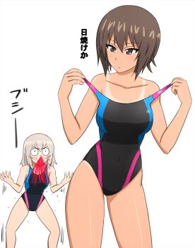 2girls adjusting_clothes adjusting_swimsuit blood blush breasts brown_eyes brown_hair dark-skinned_female dark_skin girls_und_panzer grey_hair highres holding itsumi_erika large_breasts long_hair multiple_girls nishizumi_maho nosebleed omachi_(slabco) one-piece_swimsuit short_hair simple_background swimsuit tan tanline white_background