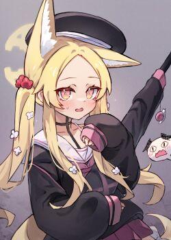 &lt;|&gt;_&lt;|&gt; 2girls animal_ear_fluff animal_ears beret black_hat black_shirt blonde_hair blue_archive blush bolt_action chibi collarbone cosplay forehead fox_ears fox_girl fox_tail grey_background gun halo hand_up hat highres hugging_object koharu_(blue_archive) koharu_(blue_archive)_(cosplay) long_sleeves miya_(miyaruta) multiple_girls open_mouth p14_enfield parted_bangs pink_eyes pleated_skirt puffy_long_sleeves puffy_sleeves purple_skirt rifle sailor_collar school_uniform seia_(blue_archive) serafuku shirt simple_background skirt sleeves_past_wrists small_sweatdrop solo_focus sweat tail wavy_mouth weapon white_sailor_collar yellow_halo