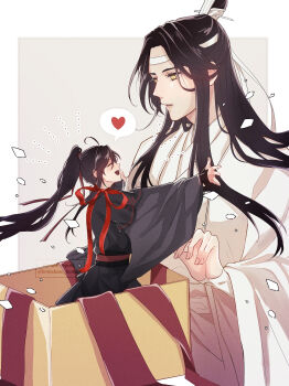 2boys ahoge black_hair black_hanfu box chinese_clothes closed_eyes confetti couple gift gift_box hair_ribbon hanfu headband heart high_ponytail highres hug in_box in_container koma_hase lan_wangji long_hair long_sleeves looking_at_another male_focus mini_person miniboy modao_zushi multiple_boys notice_lines open_box open_mouth outstretched_arms parted_lips ponytail red_ribbon red_sash ribbon robe sash sidelocks sitting smile speech_bubble spoken_heart topknot twitter_username watermark wei_wuxian white_hanfu white_headband wide_sleeves xiao_guan_(headdress) yaoi yellow_eyes