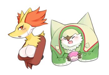2girls ^_^ animal_ear_fluff animal_ears animal_nose arai_mei blush body_fur breasts chesnaught closed_eyes crossed_arms delphox female_focus food fox_ears furry furry_female gen_6_pokemon hands_up holding holding_food looking_at_viewer mature_female medium_breasts multicolored_fur multiple_girls nintendo open_mouth poke_puff pokemon pokemon_(creature) red_eyes red_fur simple_background snout sweat upper_body white_background white_fur yellow_fur