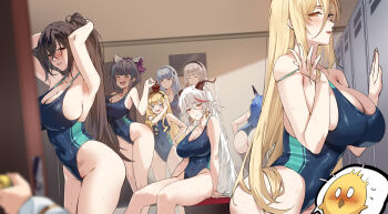 6+girls :d adjusting_hair aegir_(azur_lane) alternate_costume ass azur_lane baby_animal bent_over bird blonde_hair breasts changing_clothes character_name cheshire_(azur_lane) chick chinese_commentary closed_eyes club3 commander_(azur_lane) competition_swimsuit dido_(azur_lane) doorway groin hat highleg highleg_one-piece_swimsuit highres hime_cut horns huge_breasts implacable_(azur_lane) jitome large_breasts locker locker_room manjuu_(azur_lane) multiple_girls new_jersey_(azur_lane) one-piece_swimsuit open_mouth pov pov_doorway queen_elizabeth_(azur_lane) red_eyes sideboob sirius_(azur_lane) sitting smile swimsuit taihou_(azur_lane) white_hair yellow_eyes