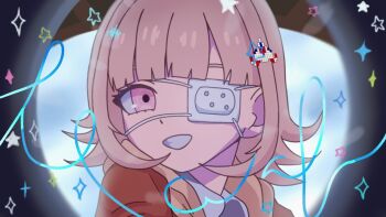 Rule 34 | 1girl, collared shirt, commentary request, danganronpa (series), danganronpa 3 (anime), dong li, eyepatch, grin, hair ornament, jacket, long sleeves, medical eyepatch, medium hair, nanami chiaki, pink hair, portrait, shirt, short hair, smile, sparkle