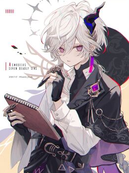1boy 2023 androgynous belt black_belt black_cape black_gloves cape dated demon_boy demon_horns earrings fingerless_gloves gloves highres horns jewelry long_sleeves low_ponytail male_focus namiki_itsuki original ponytail purple_eyes seven_deadly_sins shirt single_horn solo twitter_username white_background white_hair white_shirt