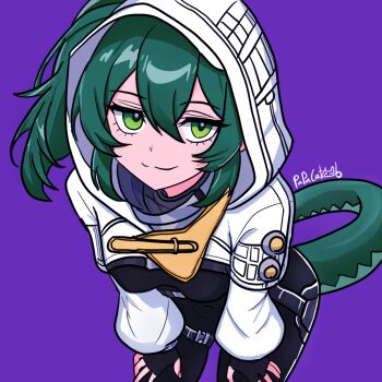 Rule 34 | 1girl, arknights, arknights: endfield, black bodysuit, black gloves, bodysuit, closed mouth, commentary, cowboy shot, english commentary, fingerless gloves, fluorite (arknights), gloves, green eyes, green hair, green tail, hair between eyes, hands on own knees, hood, hood up, leaning forward, long sleeves, looking at viewer, papacat, purple background, short hair, signature, smile, solo, split mouth, standing, tail, white hood