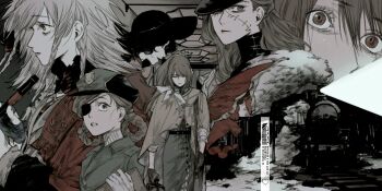 Rule 34 | 5girls, aima (reverse:1999), black gloves, black hat, blue eyes, brown cape, brown hair, cape, cloak, closed eyes, coat, corvus (reverse:1999), eyepatch, facing viewer, gloves, green coat, green hat, grey hair, grey skirt, gyujik qzc, hat, highres, locomotive, looking at viewer, multiple girls, muted color, neckerchief, parted lips, ponytail, red cloak, red eyes, reverse:1999, rubuska, semmelweis (reverse:1999), skirt, smoke, steam locomotive, stitched face, stitches, train, white gloves, white neckerchief