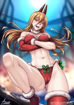 1girl adsouto asymmetrical_gloves bikini blonde_hair breasts chainsaw_man commentary crossed_arms elbow_gloves english_commentary fur_collar fur_trim gloves hair_between_eyes highres horns leg_up long_hair looking_at_viewer medium_breasts navel open_mouth orange_eyes panties power_(chainsaw_man) red_gloves santa_bikini santa_costume sharp_teeth signature single_elbow_glove single_thighhigh solo standing standing_on_one_leg swimsuit teeth thighhighs underwear variant_set