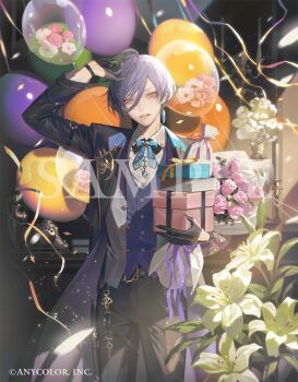 1boy antenna_hair balloon black_gloves black_jacket black_pants blue_bow blue_bowtie blue_eyes bow bowtie collared_shirt commentary_request company_name copyright_logo copyright_notice earrings feather_earrings feathers flower gift gloves grey_vest hair_between_eyes half_gloves holding holding_gift jacket jewelry lips logo male_focus nijisanji official_art ohayosayonara open_clothes open_jacket open_vest pants pink_flower purple_hair purple_vest sakaki_ness sakaki_ness_(1st_costume) shirt single_earring solo vest virtual_youtuber white_flower white_shirt