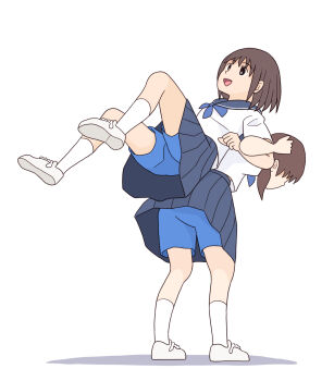 2girls black_eyes blue_neckerchief blue_shorts blue_skirt brown_hair carrying carrying_person from_behind kiyo_(kyokyo1220) long_hair low_twintails multiple_girls neckerchief open_mouth original school_uniform shirt shoes short_hair short_sleeves shorts shorts_under_skirt skirt smile sneakers socks standing twintails white_background white_shirt white_shoes white_socks