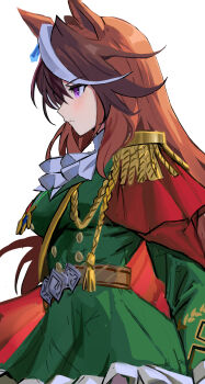 1girl absurdres aiguillette animal_ears ascot blush breasts brown_hair buttons cape closed_mouth double-breasted earrings epaulettes franz2543 green_jacket hair_between_eyes highres horse_ears horse_girl jacket jewelry long_hair long_sleeves medal medium_breasts multicolored_hair purple_eyes red_cape side_cape simple_background single_earring single_epaulette skirt streaked_hair symboli_rudolf_(emperor&#039;s_path)_(umamusume) symboli_rudolf_(umamusume) umamusume upper_body white_ascot white_background white_hair