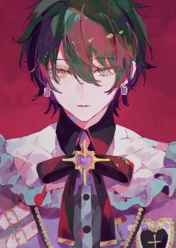 1boy belt_buckle blue_eyes buckle collared_shirt commentary_request cross_x_mark_(ensemble_stars!) earrings ensemble_stars! hair_between_eyes heart heterochromia highres jewelry kagehira_mika looking_at_viewer male_focus nazuna_(nazuna_su) official_alternate_costume red_background shirt short_hair solo upper_body yellow_eyes