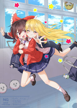Rule 34 | 3girls, :o, ^ ^, absurdres, alice margatroid, aoi 1013ss, beat mario (vtuber), black jacket, black skirt, black socks, blonde hair, blue sky, bow, brown hair, brown shoes, character charm, charm (object), closed eyes, closed mouth, cloud, commentary request, cool&amp;create, day, frilled hair tubes, frills, hair bow, hair tubes, hairband, hakurei reimu, help me erinnnnnn!!, highres, hug, hug from behind, indoors, jacket, jumping, kedama (touhou), kirisame marisa, long hair, medium hair, multiple girls, neck ribbon, pleated skirt, red bow, red eyes, red hairband, red jacket, ribbon, sailor collar, school, school uniform, shirt, shoes, short hair, skirt, sky, smile, socks, star (symbol), touhou, v-shaped eyebrows, watermark, white sailor collar, white shirt, window, zun