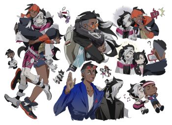 1girl 2boys :d ? ^^^ black_hoodie blue_jacket boots closed_mouth dark-skinned_male dark_skin eyewear_on_head fang gen_4_pokemon gen_6_pokemon gen_8_pokemon goomy headband highres holding holding_instrument hood hood_down hoodie hug instrument jacket long_sleeves marnie_(pokemon) molymes multicolored_hair multiple_boys multiple_views musical_note nintendo open_clothes open_jacket open_mouth orange_headband piers_(pokemon) pokemon pokemon_swsh raihan_(pokemon) rotom rotom_phone shirt shorts smile sunglasses toxel two-tone_hair white_background white_shirt