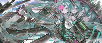 4girls abstract_background aqua_eyes aqua_hair aqua_trim black_necktie black_pantyhose black_skirt blue_sky body_markings building clone cloud collared_shirt crack cracked_glass double-parted_bangs flower grey_shirt hair_between_eyes hand_to_head hand_up hatsune_miku highres instrument keyboard_(instrument) long_hair looking_at_viewer minidisc multiple_girls necktie number_tattoo pantyhose parted_lips piano_keys pink_flower pleated_skirt reel-to-reel_tape_recorder revealing_layer shirt skirt sky sleeveless sleeveless_shirt surreal tape_recorder tattoo translucent_hair transparent_hand twintails very_long_hair vocaloid watermark weibo_username weibo_watermark yancaowei_naiyoutang