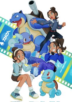 1girl :o alternate_costume belt blastoise blue_shirt brown_hair brown_shorts clenched_hand closed_mouth commentary_request drinking_straw earrings elizabeth_(tomas21) evolutionary_line gen_1_pokemon glass green_eyes grin harmony_(pokemon) headphones highres holding jewelry long_sleeves multiple_views nintendo outstretched_arm pants pokemon pokemon_legends:_z-a ponytail shirt shoes shorts smile socks spread_fingers squirtle sweater_vest teeth wartortle