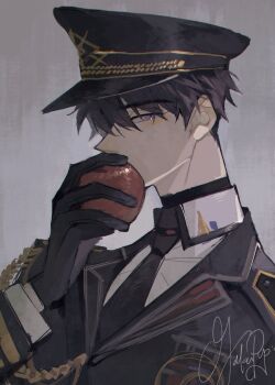 1boy apple artist_name black_gloves black_hair black_hat black_jacket black_necktie caleb_(love_and_deepspace) collared_shirt food fruit gloves gold_trim grey_eyes hair_between_eyes hat highres holding holding_food holding_fruit jacket looking_at_viewer love_and_deepspace male_focus military_hat military_jacket military_uniform necktie otakupup shirt short_hair solo upper_body white_shirt