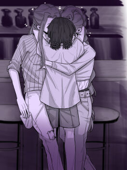 Rule 34 | 3girls, absurdres, arms around neck, bar (place), commentary, cup, double bun, fff threesome, greyscale, group sex, hair bun, hashtag-only commentary, heart, highres, holding, holding cup, indoors, kiss, kpop demon hunters, long hair, long sleeves, mira (kpop demon hunters), monochrome, multiple girls, na dou (pungeon5340), pants, polyamory, rumi (kpop demon hunters), short sleeves, shorts, threesome, triple kiss, yuri, zoey (kpop demon hunters)