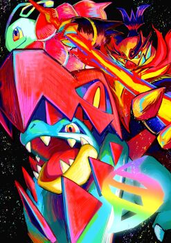 3others black_background blue_skin claws colored_skin emboar ezgk385 fangs feraligatr fire flower gen_2_pokemon gen_5_pokemon green_skin highres jaw mega_emboar mega_evolution_symbol mega_feraligatr mega_meganium meganium multiple_others nintendo no_humans open_mouth pokemon pokemon_(creature) pokemon_focus pokemon_legends:_z-a red_eyes red_skin simple_background starter_pokemon_trio