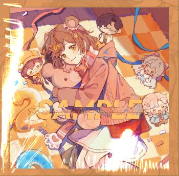 1girl animal_ears animated animated_gif bear_ears blue_ribbon border braid brown_hair brown_hoodie brown_scarf character_doll character_request commentary_request copyright_request doll dot_nose hair_ornament hood hood_down hoodie long_sleeves looking_at_viewer lying medium_hair on_side orange_border ribbon scarf skirt solo_focus square star_(symbol) star_hair_ornament stuffed_animal stuffed_toy swept_bangs teddy_bear tongue tongue_out winking_(animated) yagao_chaoren yellow_eyes