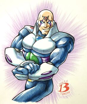 13ban 1boy absurdres android armor bald blue_eyes cleft_chin cowboy_shot dated emphasis_lines flexing forehead_jewel grin highres large_pectorals looking_at_viewer male_focus mega_man_(series) mega_man_x_(series) muscular muscular_male nose pectorals robot side_chest_pose sigma_(mega_man) signature smile solo teeth white_background