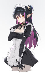 Rule 34 | 1girl, apron, black choker, black gloves, breasts, choker, cleavage, gloves, highres, long hair, maid, maid apron, maid headdress, mary (siino), multicolored hair, original, pointy ears, siino, simple background, skirt, solo, white apron, white background, wrist cuffs