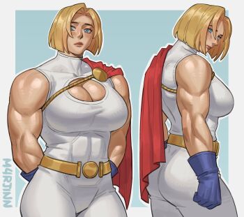 1girl absurdres arms_behind_back artist_name belt blonde_hair blue_background blue_eyes blue_gloves blush bodysuit border breasts capelet cleavage_cutout clothing_cutout dc_comics frown gloves highres large_breasts m4rjinn muscular muscular_female power_girl red_capelet sleeveless solo white_bodysuit white_border