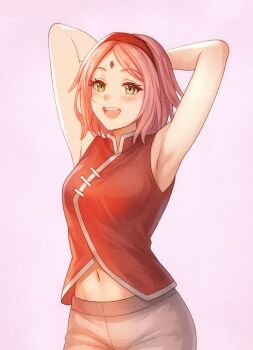 1girl :d armpits arms_behind_head blush boruto:_naruto_next_generations commentary english_commentary facial_mark forehead_mark green_eyes hairband haruno_sakura lylatspace midriff naruto_(series) navel open_mouth pants pink_background pink_hair red_hairband red_shirt shirt short_hair sleeveless sleeveless_shirt smile solo white_pants