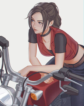 Rule 34 | 1girl, absurdres, belt, black choker, black pants, black shirt, blue eyes, breasts, brown belt, brown hair, choker, claire redfield, closed mouth, commentary, cowboy shot, crop top, cropped jacket, crossed arms, erzomori, highres, jacket, leaning forward, long hair, medium breasts, midriff, motor vehicle, motorcycle, on motorcycle, pants, parted bangs, ponytail, red jacket, resident evil, resident evil - code: veronica, shirt, short sleeves, solo, white background