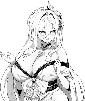1girl azur_lane azur_lane:_slow_ahead bare_shoulders breasts cleavage greyscale hakuhou_(azur_lane) hands_up highres hori_(hori_no_su) huge_breasts japanese_clothes kimono long_bangs mask mask_on_head monochrome official_art open_mouth simple_background solo upper_body white_background white_hair white_kimono