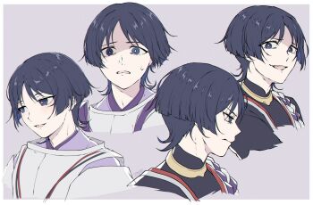 Rule 34 | 1boy, alternate costume, blue eyes, blunt ends, commentary request, expression chart, eyeshadow, frown, genshin impact, grey background, looking at viewer, makeup, male focus, multiple views, no headwear, portrait, purple hair, red eyeshadow, scaramouche (genshin impact), scaramouche (kabukimono) (genshin impact), short hair, simple background, smug, sweatdrop, t0petar0