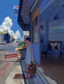 1girl amo_(amo_0514) analog_clock arm_at_side awning basket black_hair blue_sky blush bottle brown_sandals building bush car ceiling_light clock closed_mouth cloud commentary day detergent dress electric_fan english_commentary flip-flops from_side full_body grate hair_behind_ear highres holding holding_basket looking_down motor_vehicle no_parking_sign original outdoors outstretched_arm power_lines profile reflection road road_sign sandals sewer_grate shade short_hair short_sleeves sign simple_bird sky smile solo standing street sundress sunlight utility_pole washing_machine white_dress wicker_basket window wooden_floor