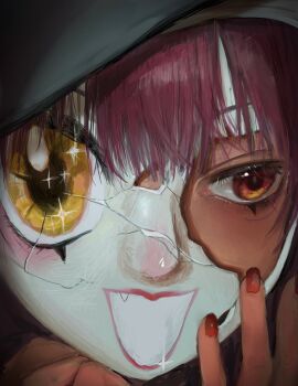 cracked_kawaii_mask fang head_only heterochromia highres hololive houshou_marine nail_polish panndasa red_hair red_lips sharp_teeth tagme teeth