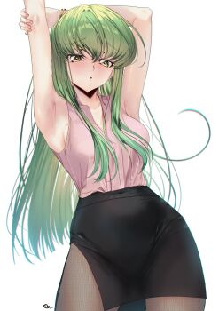 1girl :o arm_above_head armlet armpit_crease armpits arms_up black_pantyhose black_skirt blush breasts budgiepon c.c. code_geass collarbone cowboy_shot embarrassed gold_armlet green_eyes green_hair highres holding_own_arm jewelry long_hair looking_at_viewer medium_breasts nail_polish no_bra office_lady pantyhose pencil_skirt pink_nails pink_shirt shiny_skin shirt shirt_tucked_in sidelocks simple_background skirt sleeveless sleeveless_shirt solo sweat sweatdrop thighs white_background