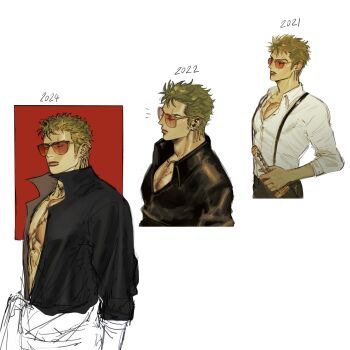 1boy black_shirt closed_mouth collared_shirt dated earrings highres jewelry junkboh looking_ahead looking_at_viewer notice_lines one_piece orange-tinted_eyewear profile roronoa_zoro scar scar_across_eye scar_on_face shirt sideburns stitched_torso stitches sunglasses tinted_eyewear white_shirt