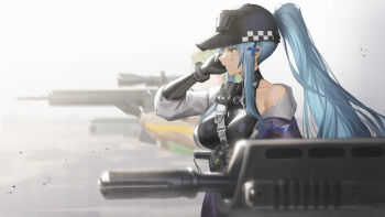 3girls assault_rifle baseball_cap belka_(girls'_frontline_2) black_gloves black_hat blue_hair breasts commentary_request cross_hair_ornament facial_mark g11_(girls'_frontline) g28_(girls'_frontline) girls'_frontline girls'_frontline_2:_exilium gloves green_eyes green_hair gun h&amp;k_g36 hair_ornament hat highres hk416_(girls'_frontline) klukai_(girls'_frontline_2) long_hair mechty_(girls'_frontline_2) multiple_girls parted_lips ponytail rifle scope simple_background tattoo teardrop_facial_mark teardrop_tattoo weapon white_background yakupan