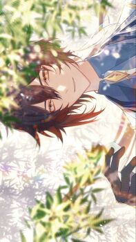 1boy black_gloves black_hair bloom bright_pupils brown_hair collared_shirt cup diamond-shaped_pupils diamond_(shape) earrings eyeshadow gem genshin_impact gloves gradient_hair grey_shirt hair_between_eyes hand_up highres holding holding_cup jewelry lapels leaf long_hair looking_at_viewer low_ponytail makeup male_focus multicolored_hair necktie orange_eyes orange_gem pendant ponytail red_eyeshadow shirt single_earring smile solo sunlight symbol-shaped_pupils tassel tassel_earrings teeth upper_body wan_xiaoliya white_background white_necktie white_pupils zhongli_(genshin_impact)