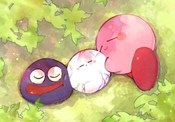 blue_skin blush_stickers closed_eyes colored_skin drooling gooey_(kirby) grass highres kirby kirby_star_allies kirby_(series) mikanbako_(aitatadon3) nintendo no_humans pink_skin sleeping smile tree_shade void_(kirby) void_termina