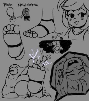 1girl absurdres barefoot curly_brace doukutsu_monogatari english_text feet frog highres mintytoid monochrome robot robot_girl sketch speech_bubble