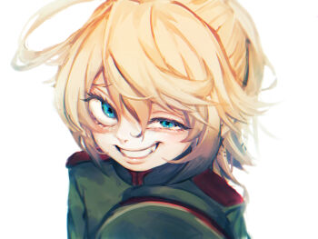 1girl blonde_hair blue_eyes commentary_request green_jacket hair_between_eyes highres jacket looking_at_viewer military_uniform okubatomaeba short_hair simple_background smile solo tanya_degurechaff uneven_eyes upper_body white_background youjo_senki