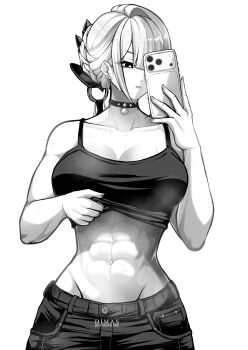 1girl abs absurdres alternate_costume bare_shoulders black_choker black_shirt black_shorts black_tank_top breasts choker cleavage clothes_lift collarbone commentary commentary_request earrings english_commentary evelyn_chevalier greyscale highres holding holding_phone jewelry large_breasts long_ribbon looking_at_phone mixed-language_commentary monochrome navel open_mouth pendant_choker phone ring_hair_ornament selfie septiawan_dms shirt shirt_lift shorts simple_background solo stomach sweat tank_top twitter_username upper_body white_background zenless_zone_zero