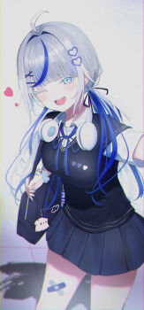 Rule 34 | 1girl, :d, absurdres, ahoge, aokumo rin, aqua (eos8012), bag, black skirt, black sweater vest, blue eyes, blue ribbon, blue streaks, blush, breasts, collared shirt, commentary, cowboy shot, grey hair, hair intakes, hair ornament, hairclip, headphones, headphones around neck, heart, heart hair ornament, highres, holding, holding bag, korean commentary, large breasts, long hair, looking at viewer, low twintails, miniskirt, multicolored hair, neck ribbon, one eye closed, open mouth, pleated skirt, ribbon, school bag, school uniform, shirt, short sleeves, simple background, skirt, smile, solo, standing, stellive, streaked hair, sweater vest, twintails, virtual youtuber, white background, white shirt, wispy bangs, x hair ornament