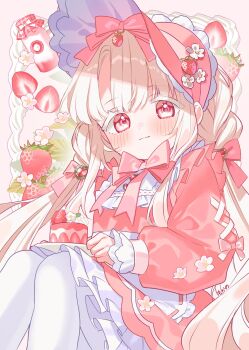 1girl blonde_hair blush bonnet bow bowtie cake closed_mouth commentary_request dot_nose dress feet_out_of_frame food frilled_dress frills fruit highres light_smile long_hair long_sleeves looking_at_viewer mokano_n original plate red_bonnet red_bow red_bowtie red_dress red_eyes sitting solo strawberry