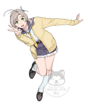 Rule 34 | 1girl, ahoge, artist logo, artist name, black gloves, black shoes, breasts, cardigan, gloves, green eyes, grey hair, highres, kantai collection, kinugasa (kancolle), kinugasa kai ni (kancolle), leaning to the side, logo, medium breasts, neckerchief, ojipon, purple sailor collar, purple skirt, sailor collar, sailor shirt, school uniform, serafuku, shirt, shoes, simple background, skirt, socks, solo, twitter username, v, watermark, white background, white shirt, white socks, yellow cardigan, yellow neckerchief