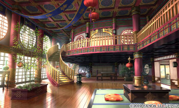 Rule 34 | architecture, ayakashi rumble!, bamboo, bonsai, carpet, chair, copyright notice, cushion, east asian architecture, flower, folding screen, indoors, irori (hearth), kazemachi (akainan), lantern, lattice, no humans, official art, pillar, pink flower, plant, potted plant, railing, round window, scenery, shelf, shouji, sliding doors, stairs, table, tatami, teapot, vase, window, wooden floor, zabuton