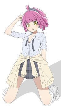 1girl ahoge arm_up blunt_bangs breasts breasts_apart cardigan cardigan_around_waist cat_earrings clothes_around_waist collared_shirt dress_shirt earrings full_body grey_shirt grey_skirt gyaru gyarugasaki highres jewelry kanade_(diverdiva_gal) kishimen_hair kneeling kogal leg_warmers looking_at_viewer love_live! love_live!_nijigasaki_high_school_idol_club miniskirt open_mouth partially_unbuttoned pink_hair plaid_clothes plaid_skirt pleated_skirt ponytail school_uniform shirt short_hair sidelocks skirt sleeves_rolled_up small_breasts solo tennoji_rina white_leg_warmers yellow_cardigan yellow_eyes